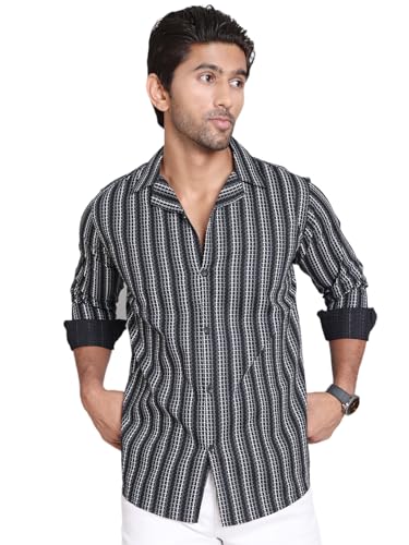 Image of Indian Needle Black Stripes Cotton Regular Fit Men's Casual Shirt (Black, XL)