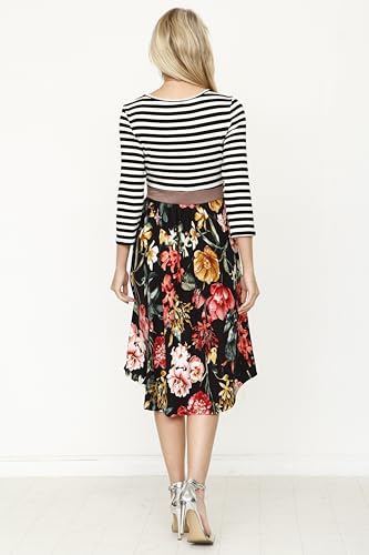 Image of Eloges Women's 3 /4 Sleeve Contrast Waist Band Floral Curved Hem Midi Dress