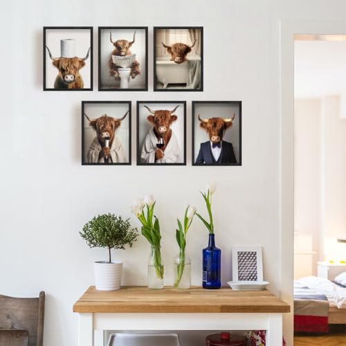 SUPERDANT 6 Pcs Highland Cow Wall Art Canvas Bathroom Wall Pictures Modern Toilet Canvas Pictures Highland Cow Print Paintings for Living Room Kid's Bathroom Toilet Decoration Unframed - Image 3