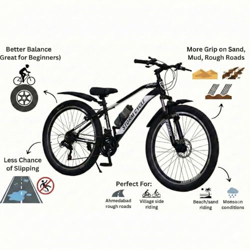Image of Storm Brand 26 Inch Mountain Bicycle with 21 Speed Gear for Adults | Front Suspension, Dual Disc Brakes, Steel Frame, Wide Tyres,Lightweight Off-Road Bicycle for Boys & Men (Black and White)