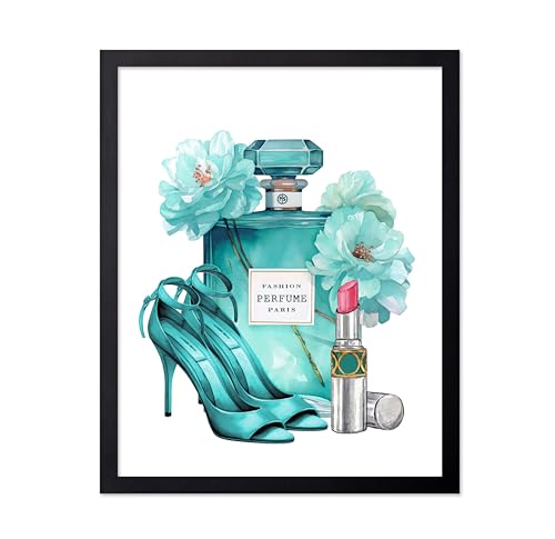 Image of Poster Master Turquoise Blue Designer Print - Fashion Poster - Shoes, Lipstick & Perfume Art - Chic Gift for Women & Fashionista - Glam Decor for Bedroom or Girl's Room - 16x20 Black Framed