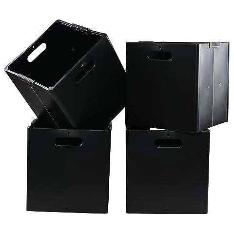 Wekioger 4-Pack Plastic Foldable Cube Storage Bins, Collapsible Storage Cubes Bin Organizer, Black Cover