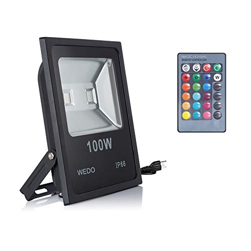WEDO 100W RGB Flood Light Outdoor Color Changing 16 Colors Change 4 Modes with IR Remote Control Flood Light RGB with US Plug for Garden Party Landscape Yard