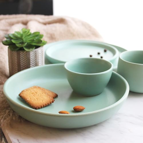 Image of Ceramic Dinner Plates, 6 Pcs | Rim Plate for Easy Eating | Microwave, Oven, Dishwasher Safe | Set of 6 Ceramic Plates for Dinner | Handmade | (Almost Blue, Set of 6 Dinner Plates)
