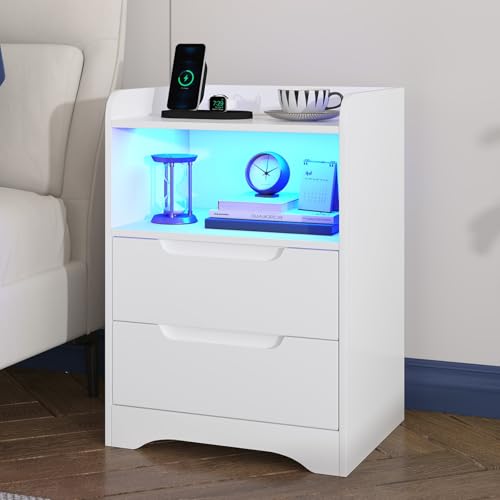 Image of Brinlawb Bedside Table with 2 Drawers, Bedside Cabinet with LED Lights & Charging Station (2 AC Sockets, 1 USB-A, 1 USB-C Port) Tabletop with 3-Sided Guard Rail to Stop Items Falling, Side Table White