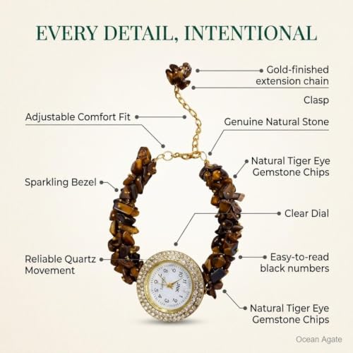 Image of ARKN Crystal Bracelet Watch for Women | Natural Gemstone Beaded Wrist Watch | Gold-Tone Dial with Rhinestone Bezel | Adjustable Fashion Jewellery Gift for Women & Girls