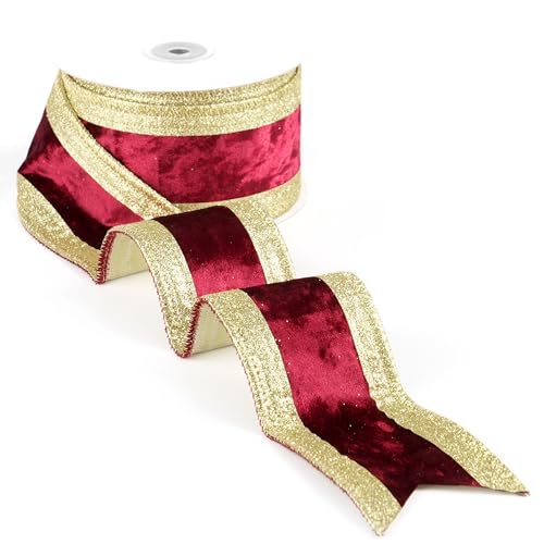 LIZLOVESS Burgundy and Gold Velvet Wired Ribbon 2.5 Inch, 10 Yards