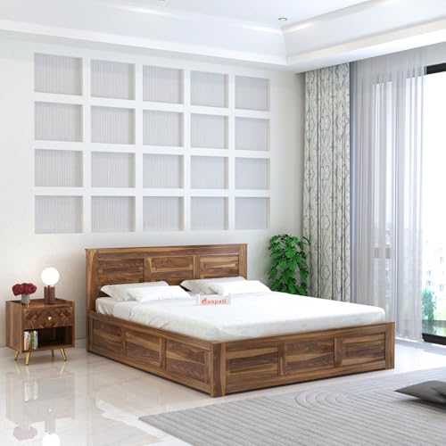 Image of Ganpati Arts Sheesham Wood Swiss Queen Size Bed with Box Storage | Wooden Double Bed Cot Palang Furniture for Bedroom, Living Room, Hotel, Home (Teak Finish)