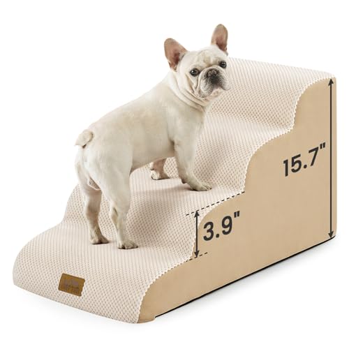 COZY KISS 犬用階段 小型犬用 高さ15.7インチ 4段 スロープドッグステップ ベッド、カウチ、椅子用 頑丈なペットスロープ、子犬、年上の猫、ペットはしご、高密度フォーム付き、15.7x28.5x15.7インチ、ベージュの商品画像（Amazon）