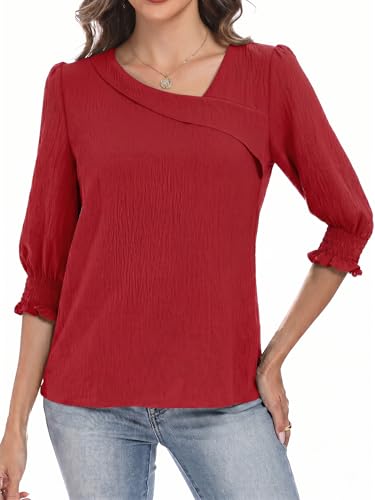 Funlingo Blouses for Women Dressy Casual 3/4 Length Sleeve Womens Tops Asymmetric Square Neck Smocked Cuffed Shirts Fashion Clothing Red L — view 2
