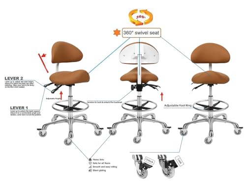 McDooFly Saddle Stool Chair with Backrest and Footrest- Ergonomic Rolling Saddle Stools Hydraulic Swivel Adjustable Stool Esthetician Chair for Massage Beauty Salon Tattoo Dentist Clinic Home Office (Camel) 400 lb