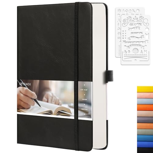 EMSHOI Cuaderno punteado, 256 páginas A5, cuadrícula punteada, papel grueso de 120 g/m², 16 páginas perforadas, piel sintética lisa, bolsillo interior, 14 x 21 cm, color negro