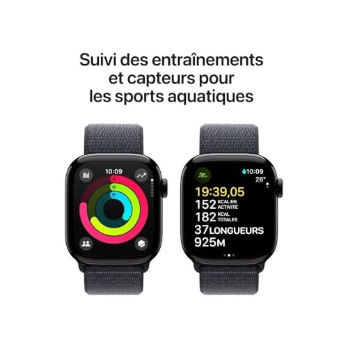 Apple Watch Series 10 (42 mm GPS + Cellular) Montre connectée avec Boîtier en Aluminium Noir de Jais et Bouchle Sport Encre Violette. Suivi de l’activité Physique, app ECG, Neutre en Carbone