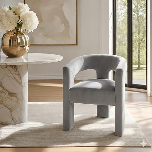 Modern Dining Barrel Chairs, Accent Velvet Upholstered Sherpa Chair with Back,Boucle Vanity Chair Assembled Comfy Armchair for Kitchen/Dining Room/Living Room,Grey Grey 1