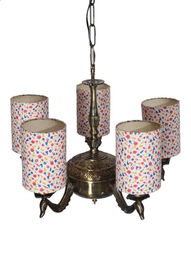 Image of Devansh 05-Light Round Printed Multicolor Cotton Shade Chandelier - Antique Golden Finish | Adjustable Cord | Warm Glow Lamp - Ceiling Light for Living Room, Dining Area, BedroomDecor - D12