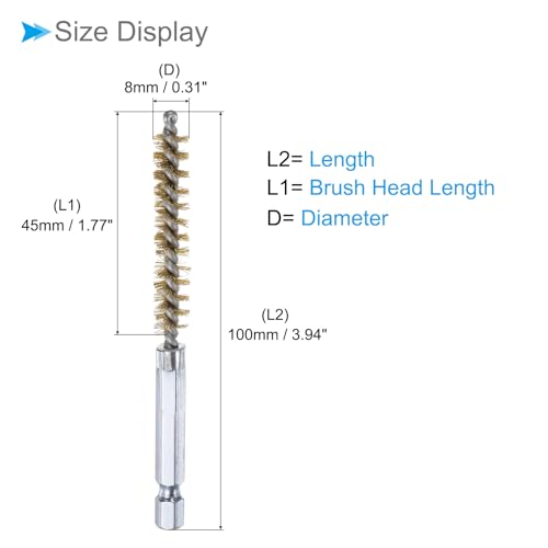 Image of Bore Brush, 8mm Dia 4 Inch Length, Brass Cleaning Wire Brushes with 1 /4 Inch Hex Shank - (Applications: for Power Drill, Die Grinder)