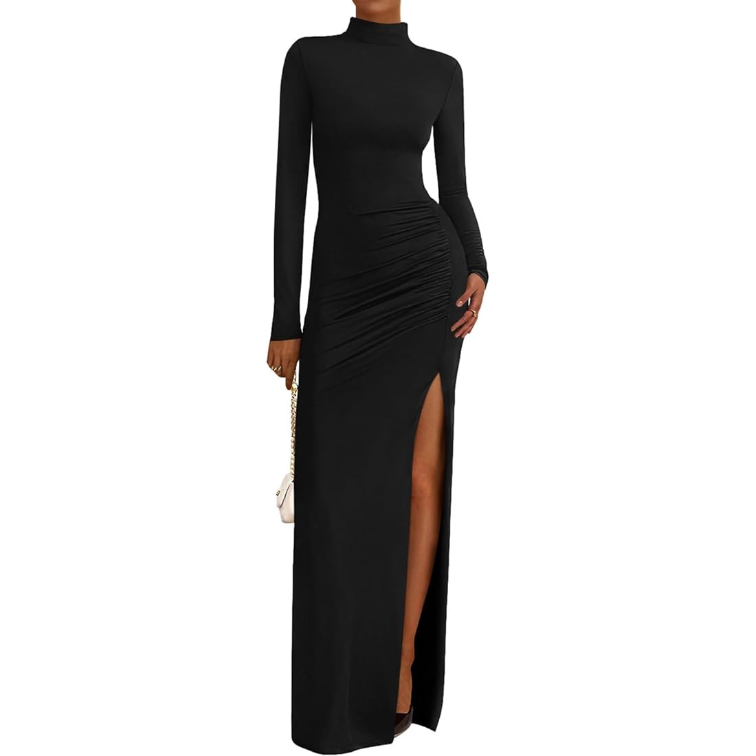 Gkaopi Women's Black Sexy Maxi Dress Ruched Long Sleeve High Split Bodycon Dress Casual Half High Neck Stretchy Long Pencil Dresses Elegant Tight Wrap Dresses For Party Going Out Prom Clubbing Gowns