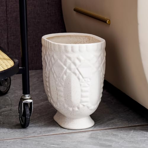 Image of Bathroom Trash Can, Ceramic Wastebasket Garbage Container for Bathroom, Bedroom, Dorm, College, Office, Beige-White Decorative Compact Trash Can