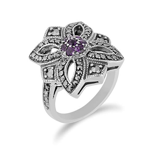 Image of Gemondo USA 925 Sterling Silver Amethyst & Marcasite Art Nouveau Ring Size 7, 8, and 9