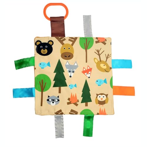 Baby Jack & Co 8x8” Forest Woodland Animal Lovey Tag Toys for Babies - Crinkle Toys for Developing 5 Senses - Soft & Safe - Learn Shapes & Colors - Soother & Tummy Time - BPA Free w/Stroller Clip