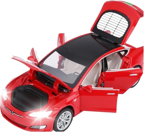 Image of WORSHIPER Car Tesla Model 66063 1:32 Scale Alloy Diecast Model Metal Pull-Back Car with Sound Light and Opening Doors: A Kids' Toy Vehicle Gift (1:32 Tesla - Red)