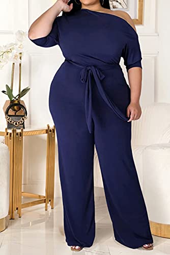 Aro Lora Womens Plus Size One Shoulder One Piece Pant Outfit Club Flare Jumpsuit Romper 3X-Large Dark Blue #TOP2