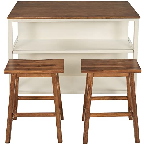 Image of RUNNA Simple 3-Piece 45 inch Stationary Kitchen Island Set with 2 Stools,Solid Wood Butcher Block Dining Table with 2 Open Storage Shelves for Small Places (Walnut+Cream White#t)