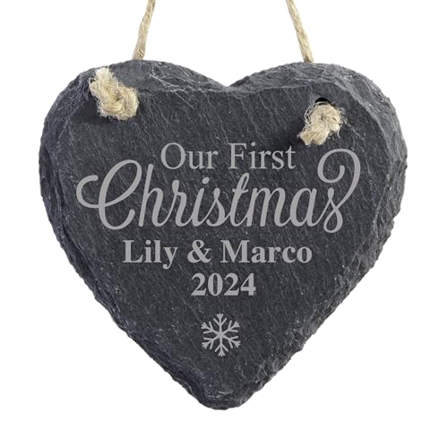 Let’s Make Memories Personalized Christmas Ornament - for Couples - Heart - Engraved Slate - 2024 Christmas Ornament - Our First Christmas