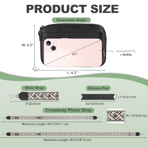 Image of YFWE Clip and Go Strap for Phone with Wallet Crossbody, Adjustable Phone Lanyard with Detachable RFID Wristlet Wallet, Pattern Strap, Black (M)