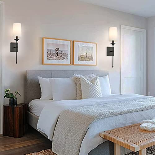 Image of Hardwired Wall Sconces Set of 2, Mid Century Candlestick Style Wall Mounted Sconce with Pure White Cylindrical Shade and Long Slim Stem,for Bathroom Bedroom Living Room