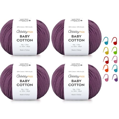 Image of Baby Cotton Blend Yarn - Soft Sport Weight Yarn for Crochet & Amigurumi - 50g /180yds - 60% Cotton 40% Acrylic - Ideal for Baby & Knitting Proj. & 10 Stitch Markers(Plum, 4 Balls)
