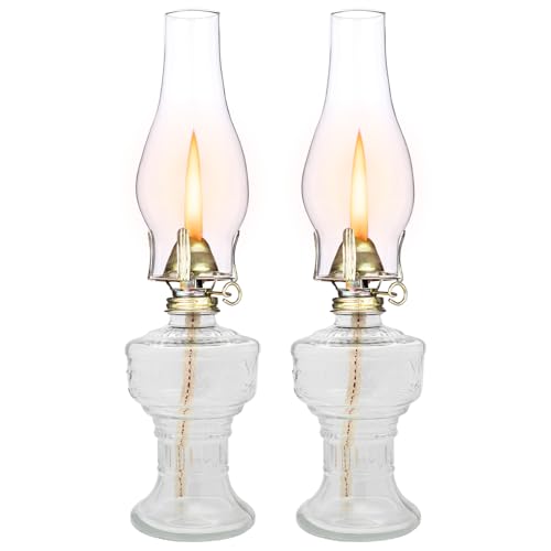 2 Pcs Chamber Oil Lamps for Indoor Vintage Kerosene Lamp Rustic Hurricane Kerosene Lantern with Adjustable Fire Wick Lighting Oil Lantern for Tabletop Decor and Emergency Lighting, 13'' High (Clear)