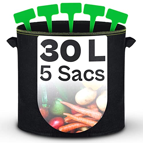 Praknu 5 Sacs de Plantation 30L – avec Poignées & 5 Étiquettes d’Identification – Sac de Culture – Sacs à Plantes – Sac Pommes de Terre,...