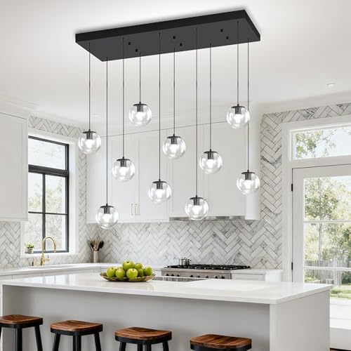 ykolupty Modern Rectangular Chandelier,10 Lights Glass Globe Chandelier Lighting,Industrial Linear Pendant Light Fixture for Dining Living Room Kitchen Island