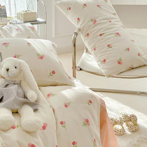Image of Nayoroom Pink Floral Duvet Cover Twin Size Cute Tulip Printed on White Comforter Cover 2Pcs Kids Girls Kawaii Cottagecore Bedding Set with Zipper Closure Soft Breathable Microfiber