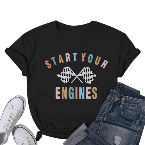 Vintage Racing Shirt Checkered Flag Graphic Tees Womens Start Your Engines Tshirt Race Day Shirts Short Sleeve Tops