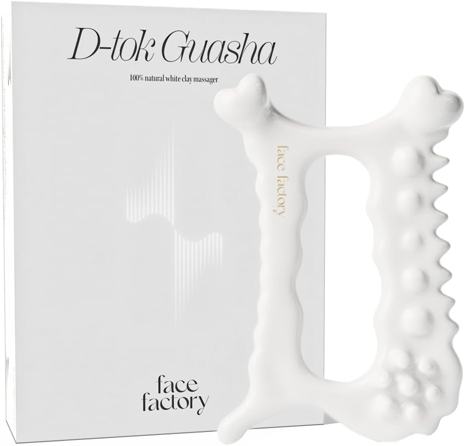 Face Factory Ceramic Gua Sha Tool- Face & Body Massager – 100% Natural White Clay, Triple-Fired Ceramic Tool for Lymphatic Drainage, Includes Storage Pouch & Guide (D-tok)