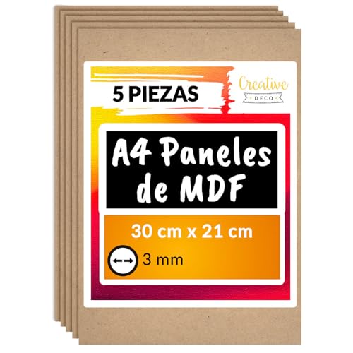 Creative Deco 5 x A4 MDF Tablero Madera | 300 x 210 x 3 mm | Perfecto para Corte por Laser, CNC Router, Modelado, Calado, Bricolaje, Manualidades