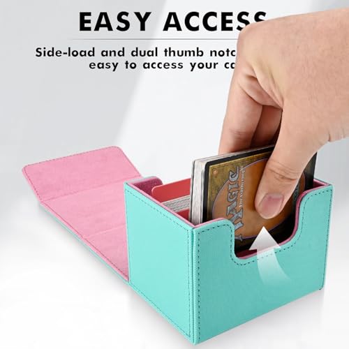 Image of ZLCA Card Deck Box for Trading Cards, MTG Commander Deck Box Holds 120+ Single Sleeved Cards, Leather Magnetic Card Storage Case Fits for TCG CCG (Turquois& Pink)