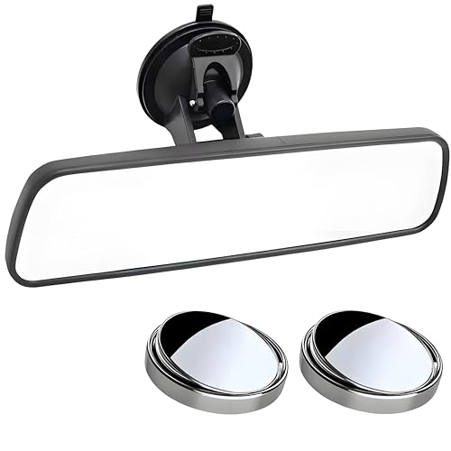 Rearview Mirror, 9.45x2.6 Inch with Suction Cup Car Mirror with Two Small Mirrors, Anti-Glare Reduces Blind Spots, 360 Degree Adjustable for Yachts, Cars, Trucks and more.