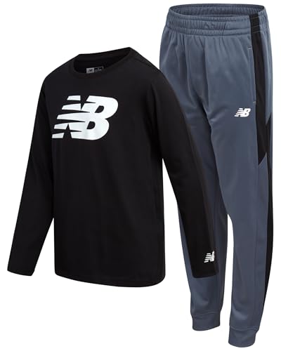 New Balance Boys Jogger Set - 2 Piece Athletic Jersey Graphic Long Sleeve Shirt and Tricot Jogger Sweatpants for Boys (8-16), Black Lead, 8