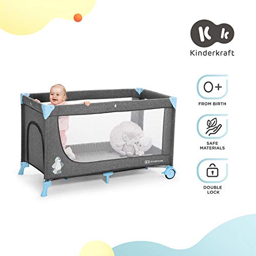 Kinderkraft reisbedje JOY, box, babybedje, campingbedje, modern ontwerp, kleine afmetingen na inklappen, wieltjes, blauw - Afbeelding 3