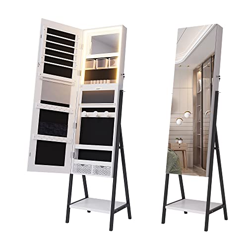 Jajov 47.2" Led Mirror Jewelry Cabinet Freestanding, Large Full-Length Mirror With Jewelry Storage, Lockable Jewelry Armoire Organizer Built-In Lighted Mirror Makeup Tray (White) #TOP7