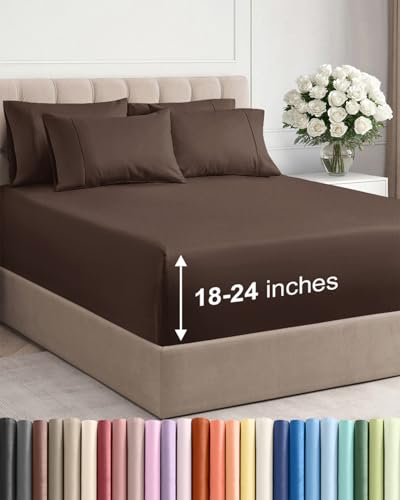 Image of Extra Deep Queen Sheet Set - 6 Piece Breathable and Cooling Sheets - Hotel Luxury Bedding for Women, Men, Kids & Teens - Easy & Secure Fit - Soft, Wrinkle Free and Comfy - Extra Deep Pockets - Brown