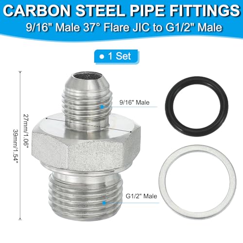 Image of PATIKIL Hex Reducing Nipple Connectors Pipe Adapter 9 /16 inch Male 37 Flare JIC x 1 /2 inch g Male, Pipe Fitting Reducer Nipple Adapter Plated Steel Hydraulic Fitting