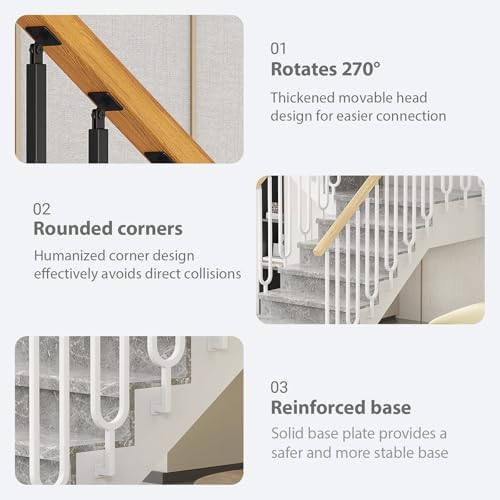 Adjustable Metal Stair Spindles - 270° Outdoor Step Railing, Finely Polished Wrought Iron, Thickened Base for Home Garden Corridor - Black, 37.4in