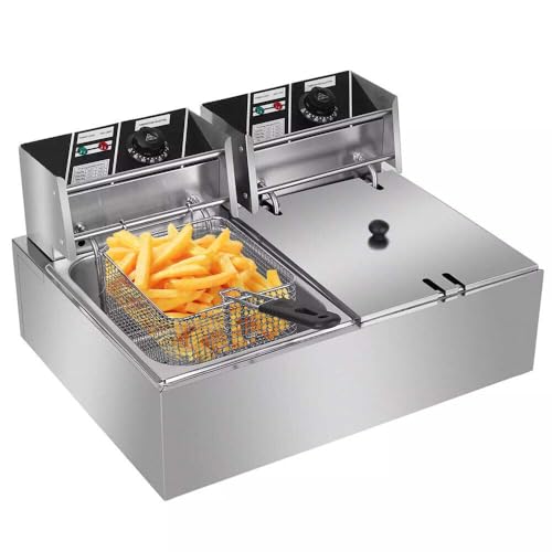 Gziztx Deep Fat Fryer, 20L Dual Tank Stainless Steel, 5000W, 12L Oil Capacity, Deep Fryer for French Fries, Chips, Chicken, Fish