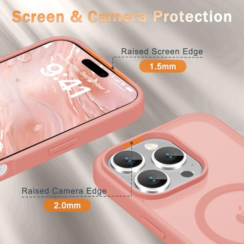 Image of YENAPOON for iPhone 16 Pro Max Case, Matte Magnetic Phone Cover [with 1 Screen Protector] [Support for MagSafe] [Shockproof Military Grade Protection] Translucent Frosted Back, Pink