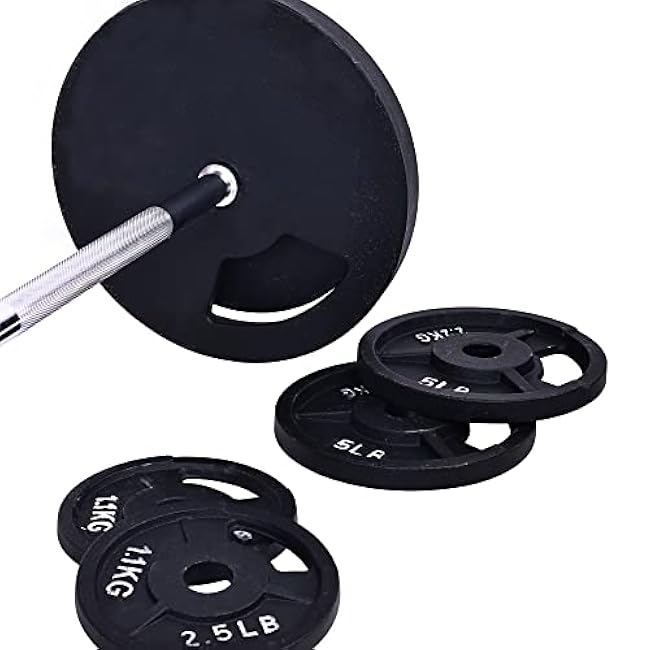 Cast Iron Standard Weight Plates Including 5FT Standard Barbell with Star Locks, 95-Pound Set (85 Pounds Plates + 10 Pounds Barbell), Multiple Packages, Style #7