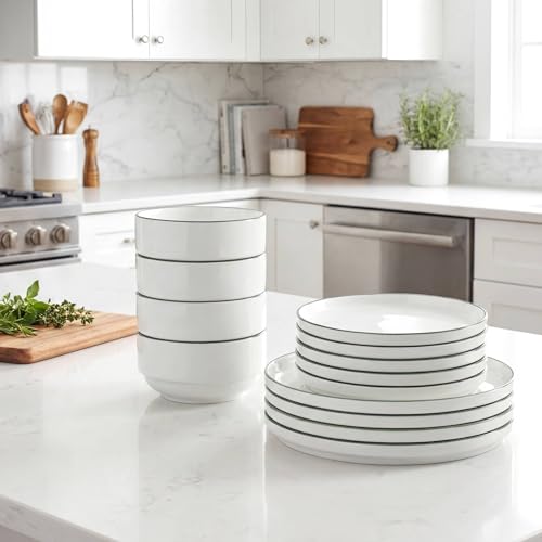 Image of Waterside 12pc Green Rim Stacking Porcelain Dinner Set